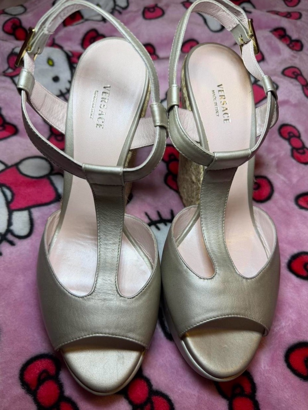 Versace Metallic Gold T-Strap Espadrille Wedges
